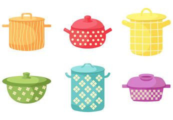 Cartoon cooking pots. Set of kitchen utensils. Kitchen colorful appliances. Flat vector illustration on a white background.