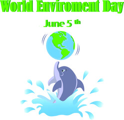 Vector illustration for World Environment Day with a dolphin playing with a globe.