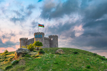 Tower at the entrance to the Khizi city. Azerbaijan travel - obrazy, fototapety, plakaty