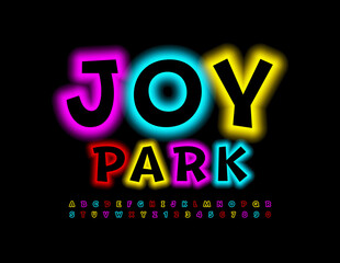 Vector glowing flyer Joy Park. Neon colorful Font. Illuminated set of Alphabet Letters and Numbers set