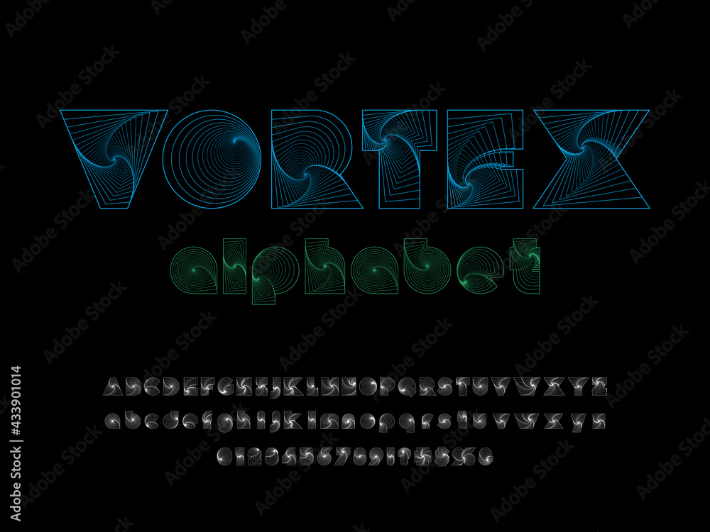 Fototapete spiral vortex style alphabet design with uppercase, lowercase, numbers and symbols