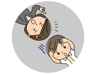 男女表情01_03（困った顔の男性と泣いて訴える女性）