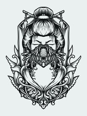 Obraz premium tattoo and t shirt design black and white hand drawn geisha gas mask engraving ornament