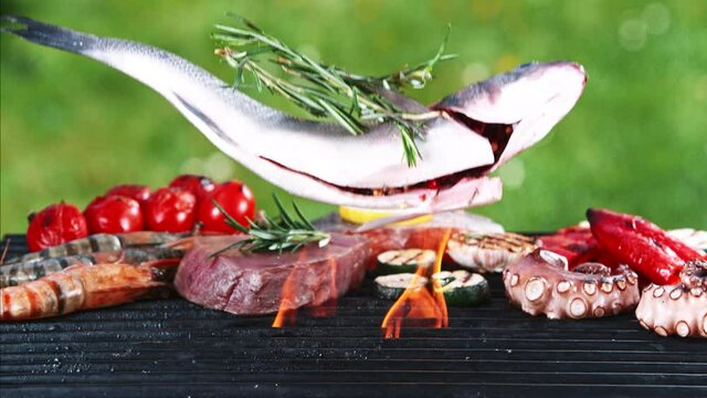 Super slow motion of falling sea fish with herbs on garden grill, green grass on background. Filmed on high speed cinema camera, 1000 fps