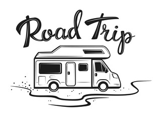 Road trip poster with camper on the way to holidays in black color with hand written text