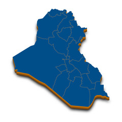 Iraq map vector. High detailed administrative 3D map of Iraq with dropped shadow. Vector blue isometric silhouette with administrative divisions. All isolated on white background
