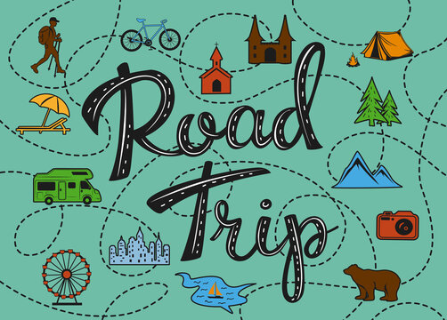 Roadtrip poster with a stylized map with points of interest and sightseeing for travelers like city, old castle, monastery, fan fair, beach, sea, forest, camping place, biking hiking routes