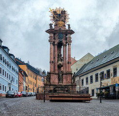 BANSKA STIAVNICA, SLOVAKIA - OCTOBER 19, 2018: Heart of Banska Stiavnica, historical Trinity Square...