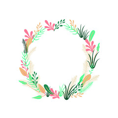 Vector circle frame, plants, natural frame wreath template, exotic floral elements, isolated on white background, 