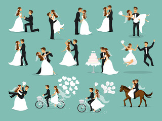 wedding couple set, bride and groom dancing, hugging, kissing, riding bike and horse, jumping, proposing - obrazy, fototapety, plakaty
