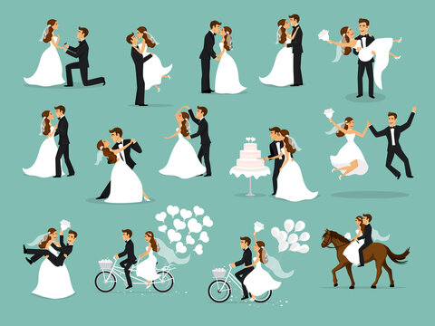 wedding couple set, bride and groom dancing, hugging, kissing, riding bike and horse, jumping, proposing