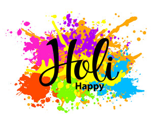 Happy Holi indian festival of colors background with hand lettering and colorful paint splash spots texture. isolated vector illustration
