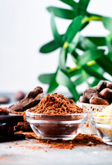Various organic cocoa products: beans, powder, butter, dark chocolate, grated cocoa on gray table background