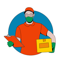 Courier or delivery guy character in medical mask and gloves flat illustration in bright colors for website or post. Safe delivery service concept. Vector illustration