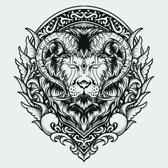 tattoo and t shirt design black and white hand drawn lion with horn engraving ornament