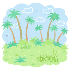 Fototapeta na wymiar Summer landscape with big palms, bushes, grass and clouds. In cartoon style. Isolated on white background. Vector flat illustration.