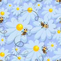 Bee swarm. Vector chamomile background. Bees in camomile meadow. Bee meadow. Cute cartoon character.
