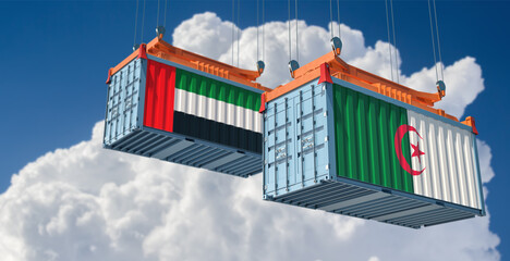 Two freight container with United Arab Emirates and Algeria flag. 3D Rendering