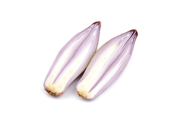 Shallot halves isolated on white background. Peeled Banana Shallot, long shape onion