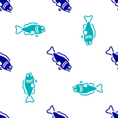 Blue Fish icon isolated seamless pattern on white background. Vector