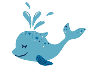 Cute dolphin. Adorable blue dolphin with a water fountain. Side view of cute friendly fish. Childish character. Sea Animal Floating Underwater. Colored flat cartoon vector illustration