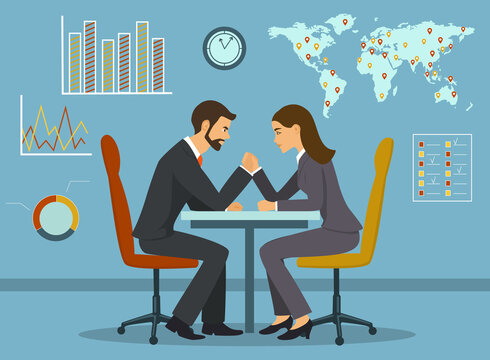 Business competition concept vector illustration. Businessman and businesswoman arm wrestling in the office