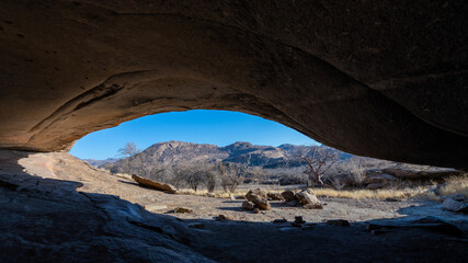 View from Phillip's Cave with rock formations on Ameib, Erongo, Namibia, Africa.
