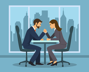 Business competition concept . Businessman and businesswoman arm wrestling in the office - obrazy, fototapety, plakaty