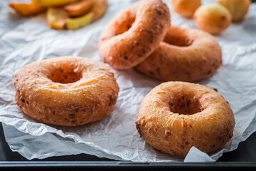 Homemade donuts ready to eat. Homemade pastries for Fat Thursday.