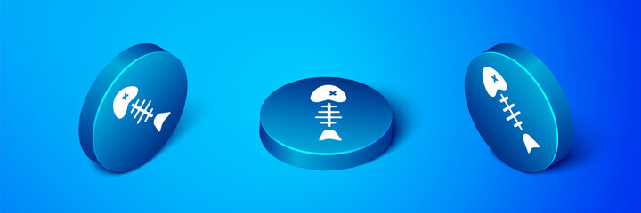 Isometric Fish skeleton icon isolated on blue background. Fish bone sign. Blue circle button. Vector