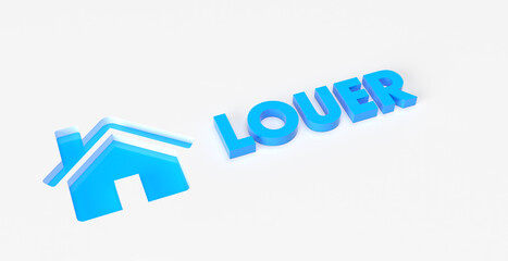 Location de maison - Icone de maison en 3D gravé dans surface blanche sur fond bleu - Louer un bien immobilier -Concept moderne et minimaliste - Typographie en 3D