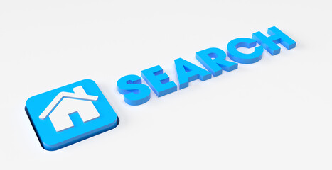 Home search - Blue button of a house icon in 3D engraved in white surface - Search for real estate - Modern and minimalist concept - 3D typography