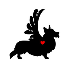 Silhouette of a dog of breed welsh corgi with heart and wing , T-shirt decoration, greeting card for Valentine's Day, Tattoo