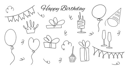 Happy birthday celebration doodle icons collection isolated on white background. Hand drawn birthday design elements for greeting cards, invitations