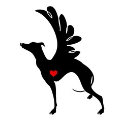 Greyhound dog standing silhouette with heart and wing , T-shirt decoration, greeting card for Valentine's Day, Tattoo