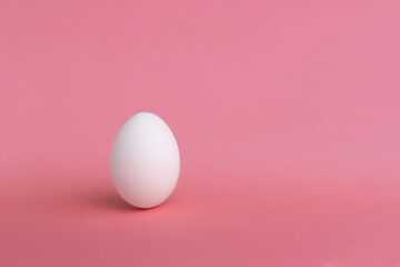 A white egg on a pink background. The concept of minimalism. Side view. A card with a copy of the place for the text.