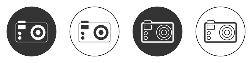 Black Photo camera icon isolated on white background. Foto camera. Digital photography. Circle button. Vector