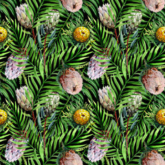 Obraz premium Seamless pattern tropical palm leaves, exotic protea flowers with pink buds and leaves. Botanical hand-drawn watercolor on a black background for fabric, textile, wallpaper, packaging.