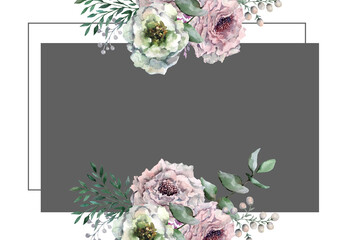 Rectangular frame made of a bouquet of peony, eucalyptus flowers, decorative twigs of leaves and berries. Flower arrangement on a gray background. Hand drawn watercolor for wedding invitations, cards.