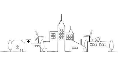 都市の風景の線画イラスト　モノクロ