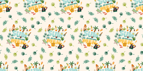 Vector seamless pattern with women in swimsuit on tropical beach. Summer holliday, vacation, travel