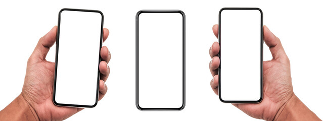 Obraz na płótnie Canvas Smartphone similar to iphone 12 with blank white screen for Infographic Global Business Marketing Plan, mockup model similar to iPhone isolated Background of digital investment economy - Clipping Path