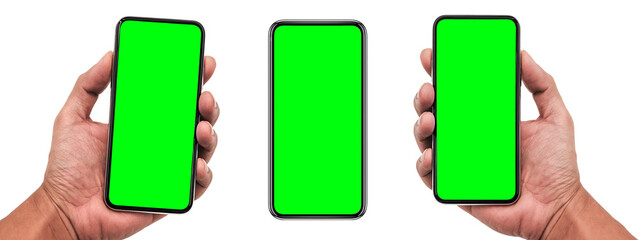 Smartphone similar to iphone 12 with green screen for Infographic Global Business Marketing Plan, mockup model similar to iPhone isolated Background of ai digital investment economy - Clipping Path