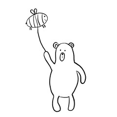 Funny bear with a bee ball on a string. Doodle style illustration, cartoon, hand-drawn.