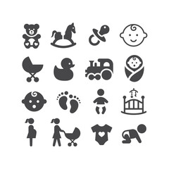Baby black vector icon set. Pram, dummy, toy, baby cradle symbols. - obrazy, fototapety, plakaty