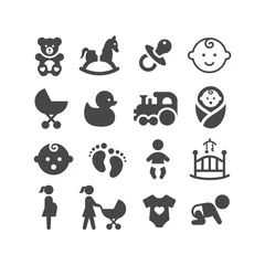 Foto op Plexiglas Baby black vector icon set. Pram, dummy, toy, baby cradle symbols. © Tsvetina