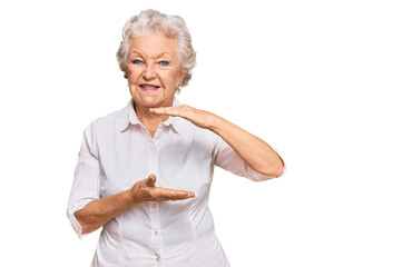 Senior grey-haired woman wearing casual clothes gesturing with hands showing big and large size sign, measure symbol. smiling looking at the camera. measuring concept.