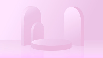 Podium circle realistic backgraund vector 3D illustration, light pink gradient. With 
reflection and decor walls. 