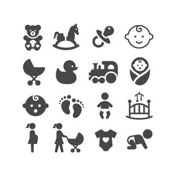 Baby black vector icon set. Pram, dummy, toy, baby cradle symbols.