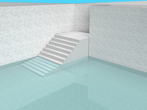 View of a big modern swimming pool with staircase.  3d Render